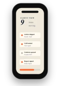 Mobile client view showing active marketing tasks and shipped work.