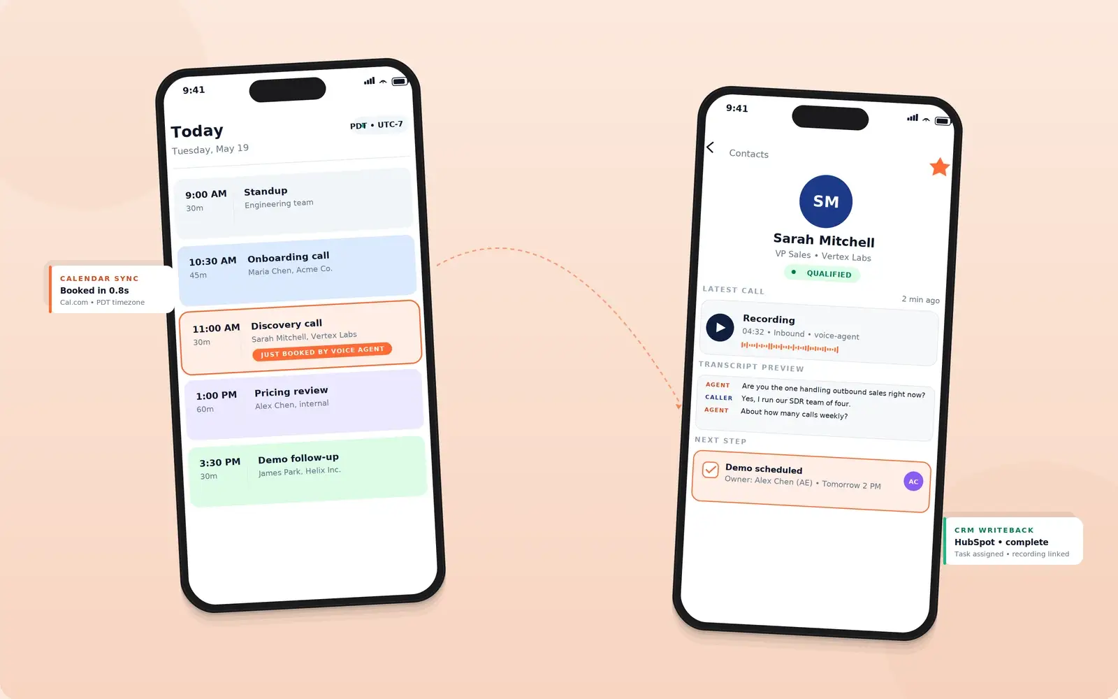 AI voice agent calendar booking and CRM contact card with call recording.