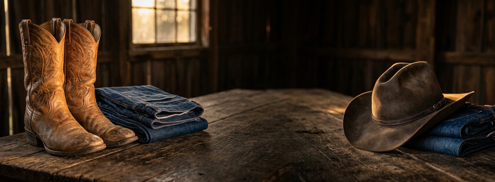 Cowboy boots, a felt hat, and folded denim on a rustic wood table in warm barn light.