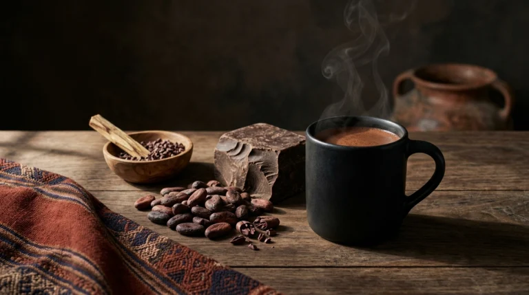 Ceremonial cacao still life — steaming dark cacao in a matte black mug beside raw Chuncho cacao beans, a single-origin cacao block, and a hand-woven Peruvian textile on weathered wood