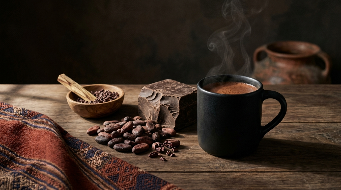 Ceremonial cacao still life — steaming dark cacao in a matte black mug beside raw Chuncho cacao beans, a single-origin cacao block, and a hand-woven Peruvian textile on weathered wood