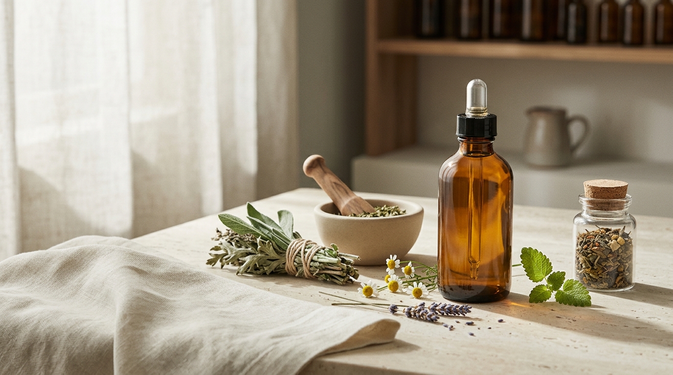 Botanical wellness still life amber dropper bottle with sage and mugwort bundle, ceramic mortar with crushed herbs, chamomile, lavender, lemon balm, and a corked jar of loose tea blend on travertine