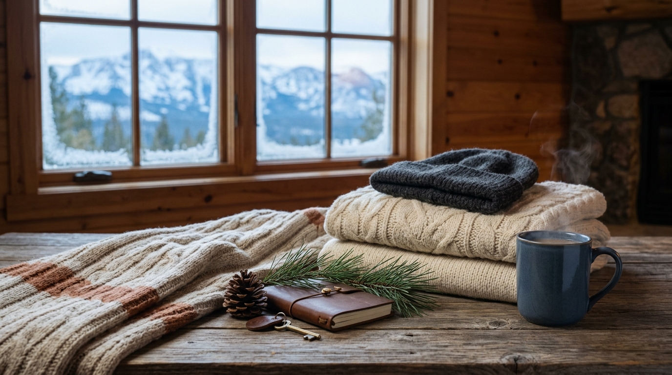 Mountain cabin still life folded cream cable-knit sweater stack topped with a charcoal beanie, steaming slate blue stoneware mug, leather field journal with brass key, pinecone, and a striped wool throw on a weathered cedar table with snow-capped Sierra Nevada peaks visible through the cabin window