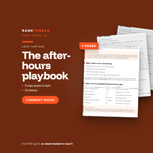The after-hours playbook cover The after-hours playbook, a free RankThread PDF field guide, showing sample pages