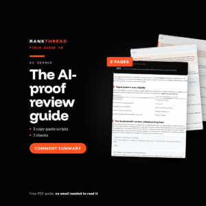 The AI-proof review guide, a free RankThread PDF field guide, showing sample pages