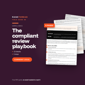 The compliant review playbook, a free RankThread PDF field guide, showing sample pages