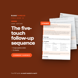 The five-touch follow-up sequence, a free RankThread PDF field guide, showing sample pages