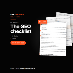 The GEO checklist cover The GEO checklist, a free RankThread PDF field guide, showing sample pages