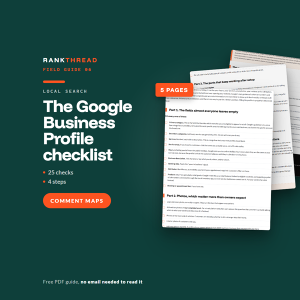 The Google Business Profile checklist, a free RankThread PDF field guide, showing sample pages