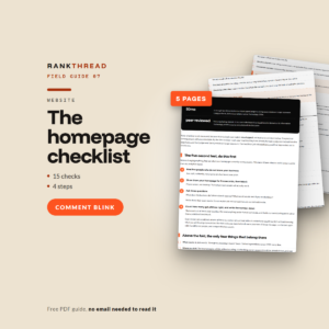 The homepage checklist, a free RankThread PDF field guide, showing sample pages