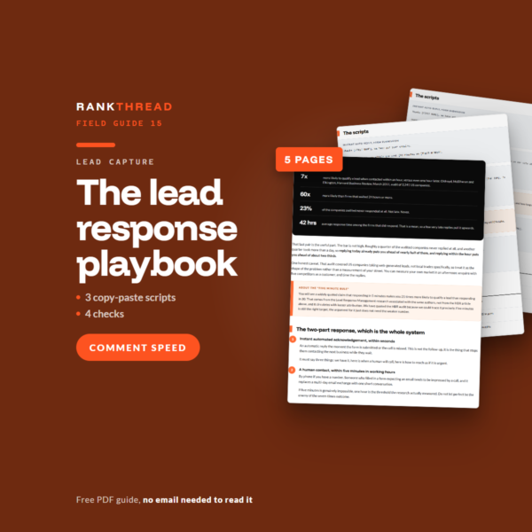 The lead response playbook cover The lead response playbook, a free RankThread PDF field guide, showing sample pages