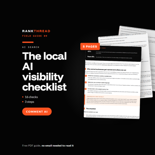 The local AI visibility checklist cover The local AI visibility checklist, a free RankThread PDF field guide, showing sample pages