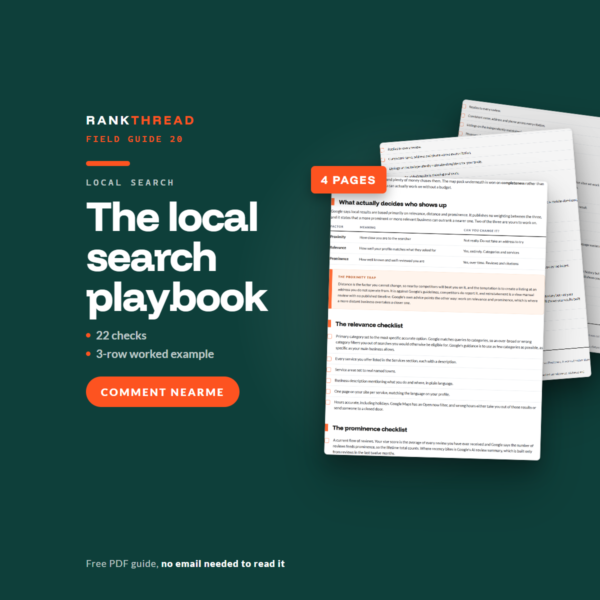 The local search playbook, a free RankThread PDF field guide, showing sample pages