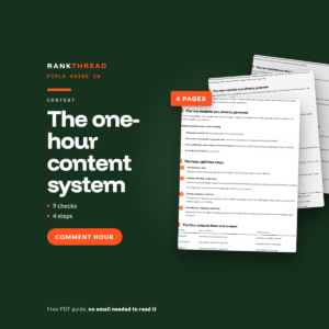 The one-hour content system cover The one-hour content system, a free RankThread PDF field guide, showing sample pages
