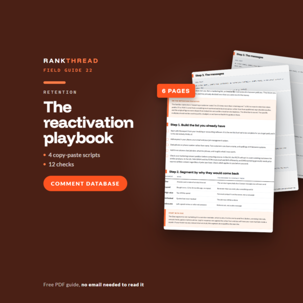 The reactivation playbook cover The reactivation playbook, a free RankThread PDF field guide, showing sample pages