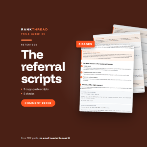 The referral scripts cover The referral scripts, a free RankThread PDF field guide, showing sample pages