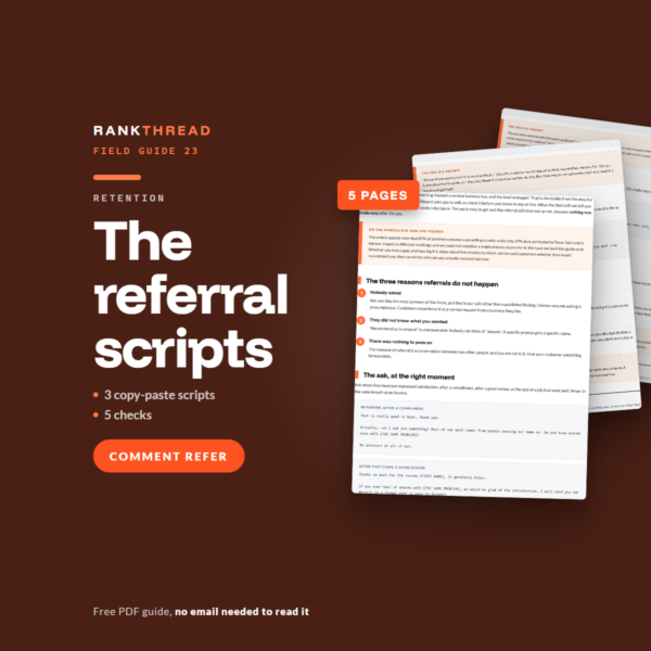 The referral scripts, a free RankThread PDF field guide, showing sample pages