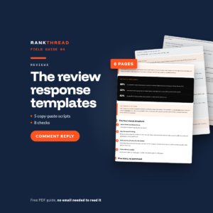 The review response templates cover The review response templates, a free RankThread PDF field guide, showing sample pages