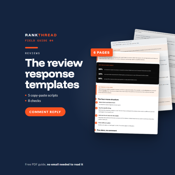The review response templates, a free RankThread PDF field guide, showing sample pages