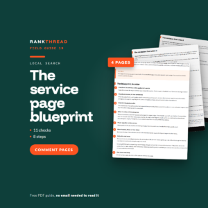 The service page blueprint, a free RankThread PDF field guide, showing sample pages