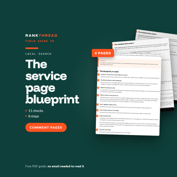 The service page blueprint, a free RankThread PDF field guide, showing sample pages