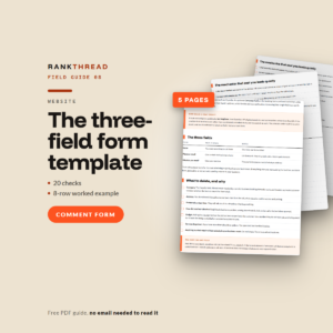 The three-field form template, a free RankThread PDF field guide, showing sample pages