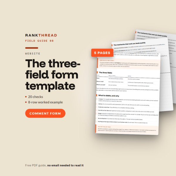 The three-field form template cover The three-field form template, a free RankThread PDF field guide, showing sample pages
