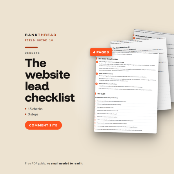 The website lead checklist, a free RankThread PDF field guide, showing sample pages
