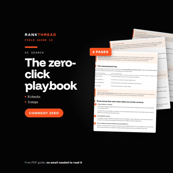 The zero-click playbook, a free RankThread PDF field guide, showing sample pages
