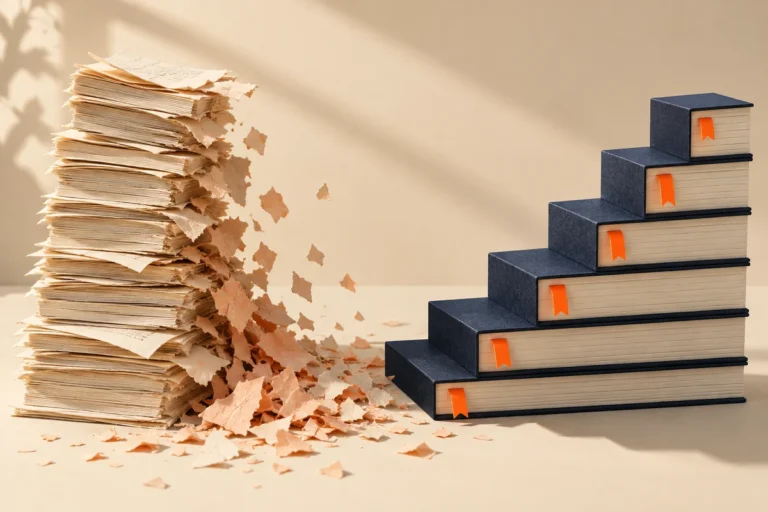 Decaying paper beside growing book stacks illustrates two content lifetimes.