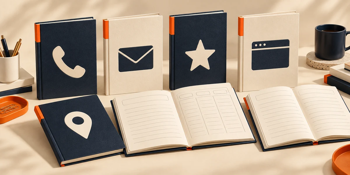 Business manuals with call, review, website, reporting and local search symbols.