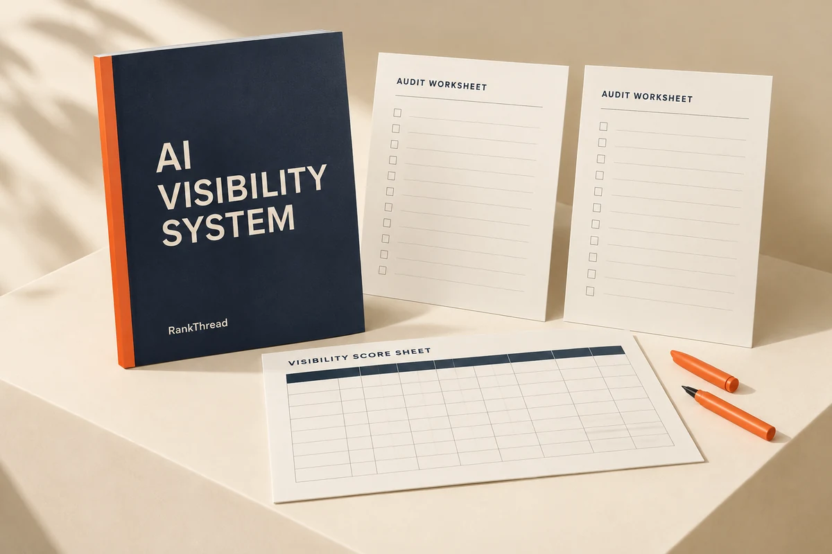 Illustrative mockup of the AI Visibility System manual and score sheets.