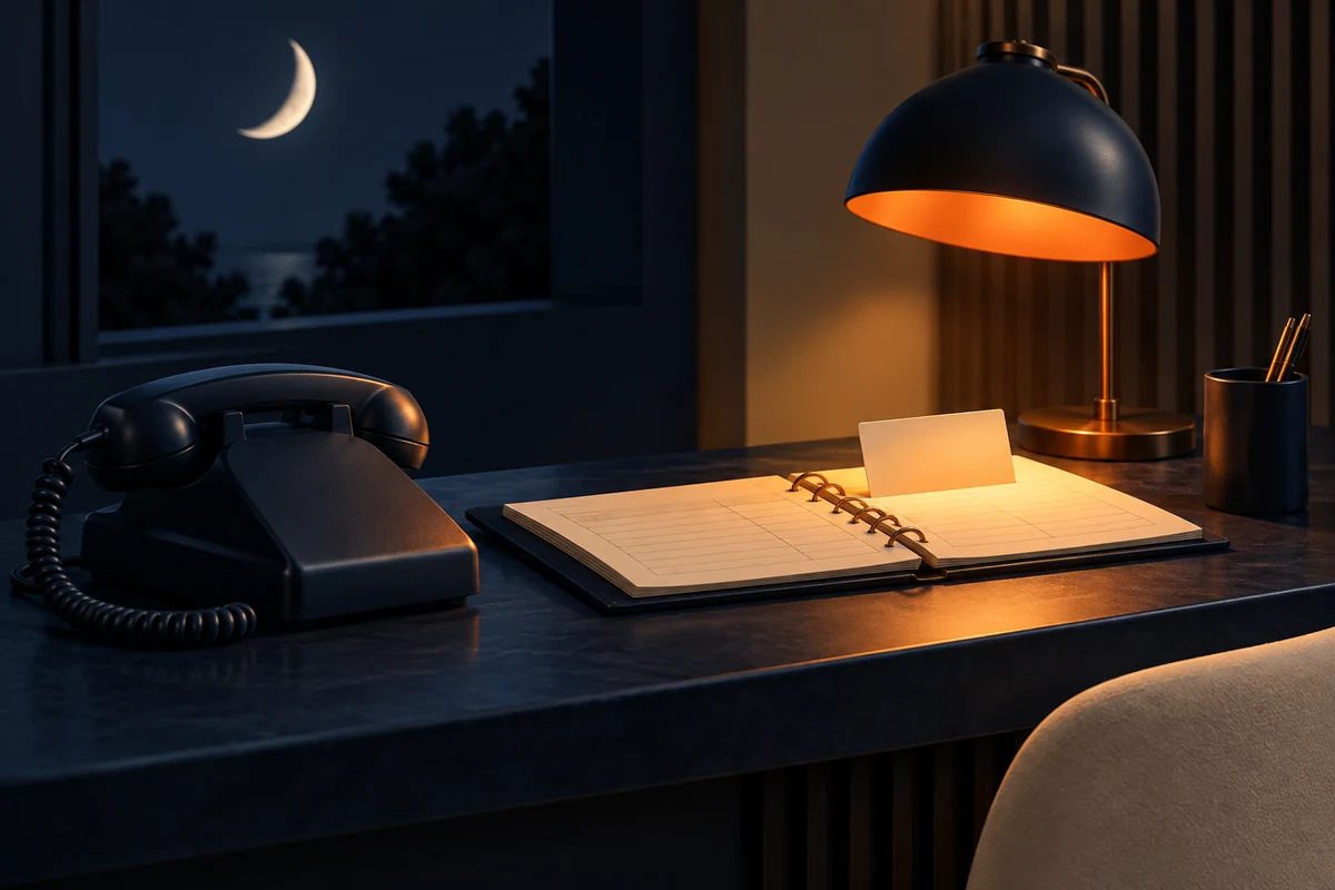 An illuminated telephone and appointment ledger represent after-hours call handling.