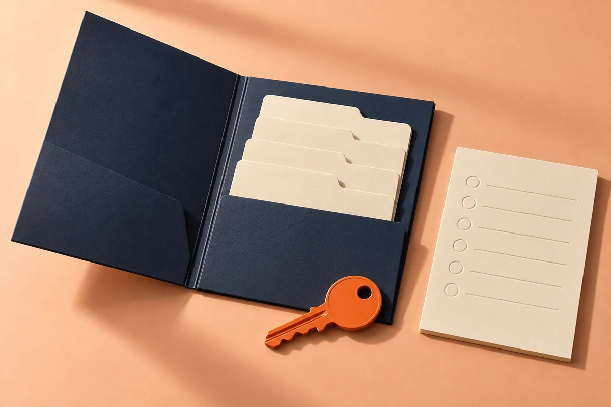 Welcome folder, access cards and key illustrate client onboarding.