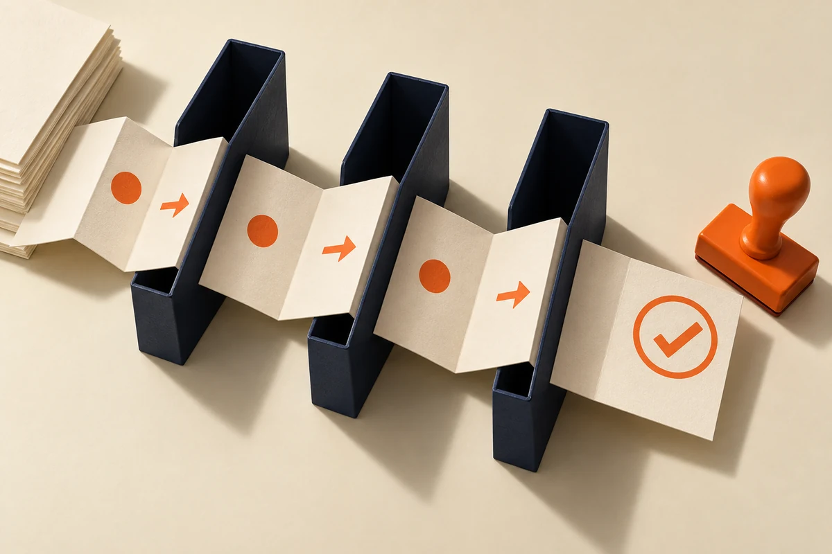 Procedure sheet and check stamp illustrate documenting a repeatable workflow.